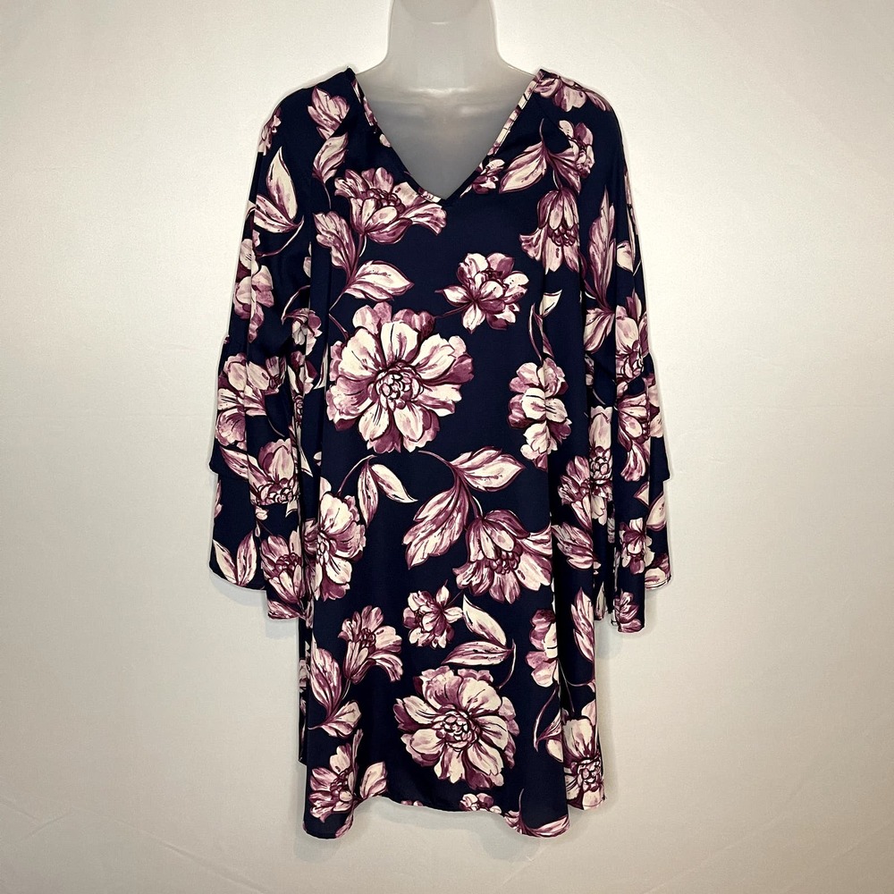 Altar'd State Floral Bell Sleeve Shift Dress Navy Blue Purple Size Medium